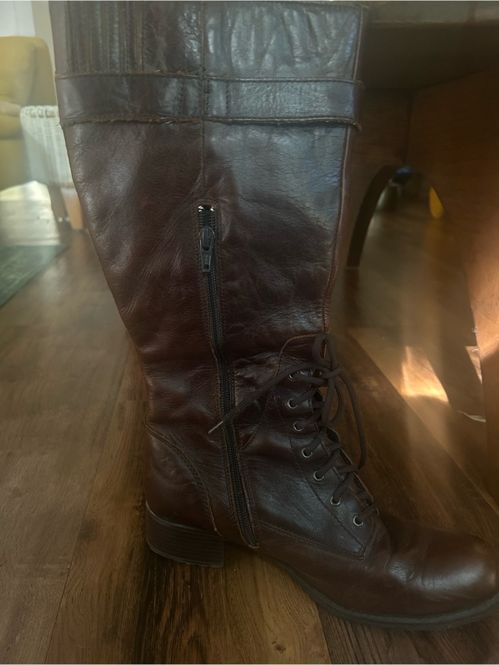 boc Dark Brown Lace-Up Leather Mid-Calf Boot with Side Zip